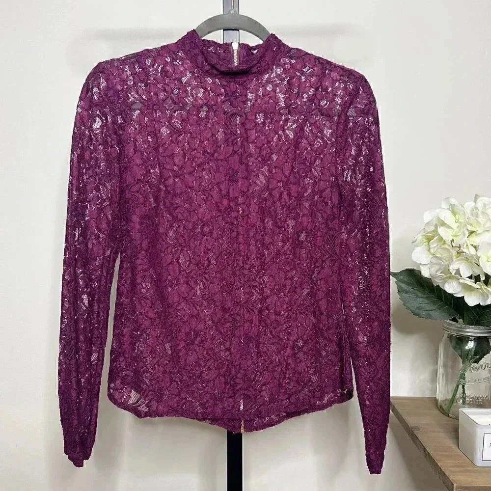 JustFab Plum Lace Long-Sleeve Mock Neck Blouse